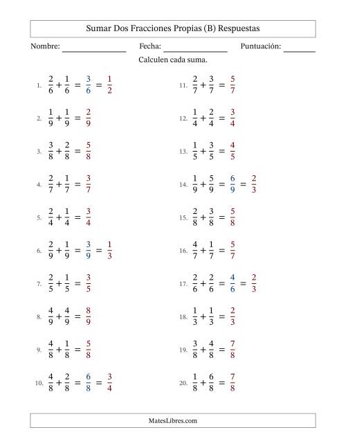 La hoja de ejercicios de Sumar dos fracciones propias con denominadores idénticos, resultados en fracciones propias y con alguna simplificación (Rellenable) (B) Página 2