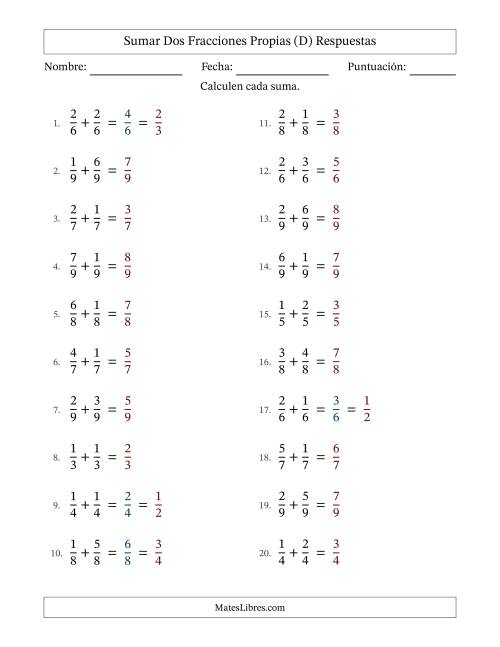 La hoja de ejercicios de Sumar dos fracciones propias con denominadores idénticos, resultados en fracciones propias y con alguna simplificación (Rellenable) (D) Página 2