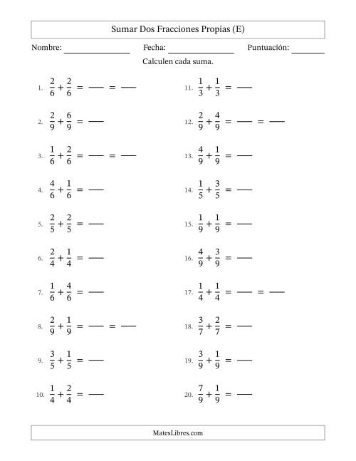 La hoja de ejercicios de Sumar dos fracciones propias con denominadores idénticos, resultados en fracciones propias y con alguna simplificación (Rellenable) (E)