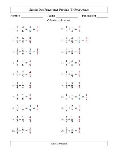 La hoja de ejercicios de Sumar dos fracciones propias con denominadores idénticos, resultados en fracciones propias y con alguna simplificación (Rellenable) (E) Página 2