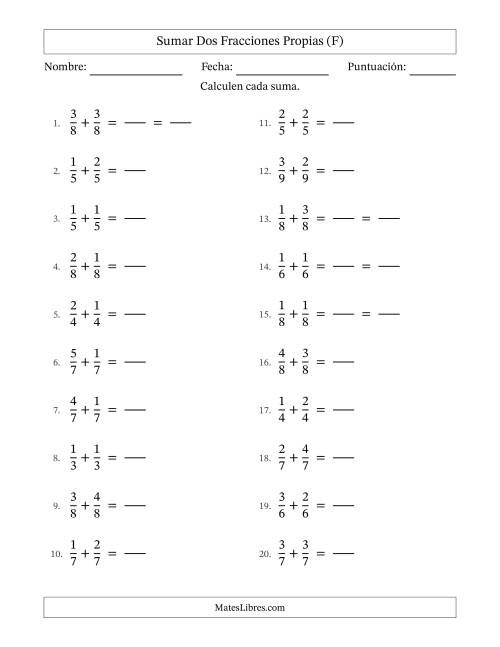 La hoja de ejercicios de Sumar dos fracciones propias con denominadores idénticos, resultados en fracciones propias y con alguna simplificación (Rellenable) (F)