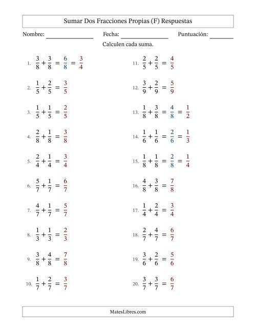 La hoja de ejercicios de Sumar dos fracciones propias con denominadores idénticos, resultados en fracciones propias y con alguna simplificación (Rellenable) (F) Página 2