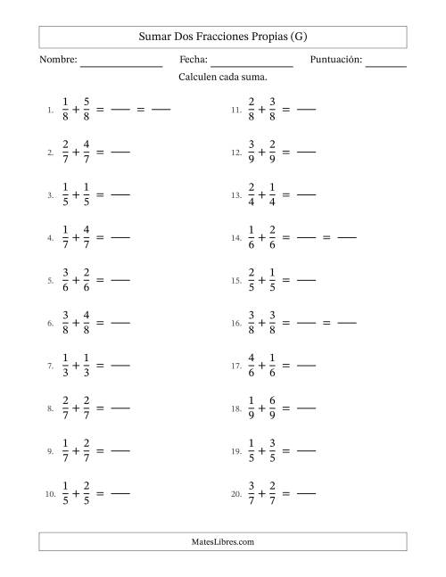 La hoja de ejercicios de Sumar dos fracciones propias con denominadores idénticos, resultados en fracciones propias y con alguna simplificación (Rellenable) (G)