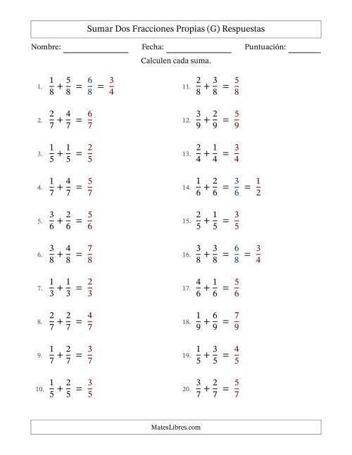 La hoja de ejercicios de Sumar dos fracciones propias con denominadores idénticos, resultados en fracciones propias y con alguna simplificación (Rellenable) (G) Página 2