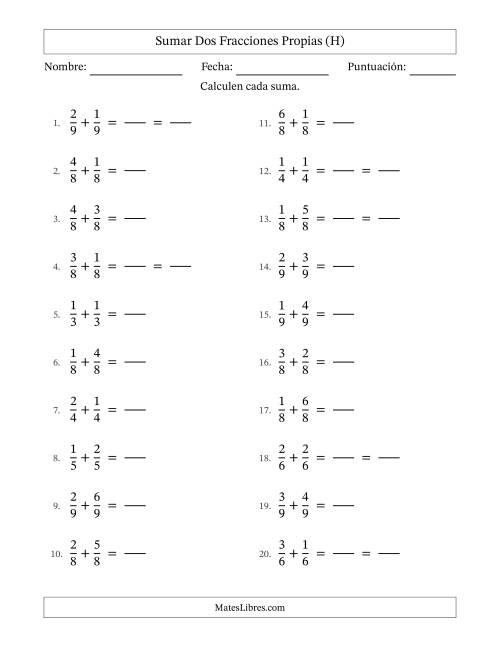 La hoja de ejercicios de Sumar dos fracciones propias con denominadores idénticos, resultados en fracciones propias y con alguna simplificación (Rellenable) (H)