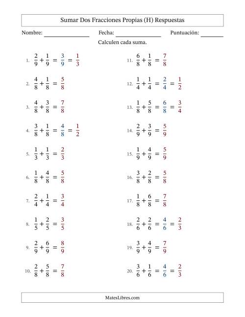 La hoja de ejercicios de Sumar dos fracciones propias con denominadores idénticos, resultados en fracciones propias y con alguna simplificación (Rellenable) (H) Página 2