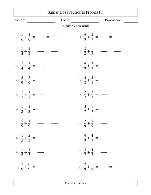 La hoja de ejercicios de Sumar dos fracciones propias con denominadores idénticos, resultados en fracciones propias y con alguna simplificación (Rellenable) (I)