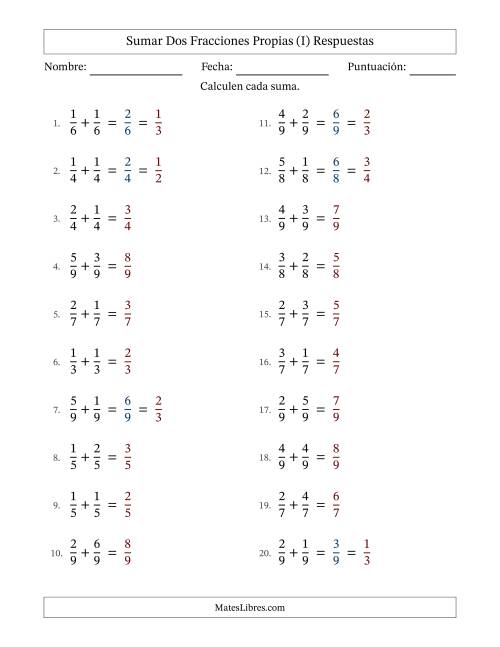 La hoja de ejercicios de Sumar dos fracciones propias con denominadores idénticos, resultados en fracciones propias y con alguna simplificación (Rellenable) (I) Página 2
