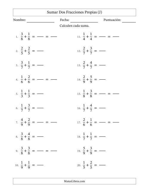 La hoja de ejercicios de Sumar dos fracciones propias con denominadores idénticos, resultados en fracciones propias y con alguna simplificación (Rellenable) (J)