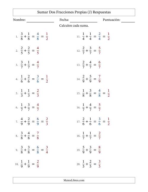 La hoja de ejercicios de Sumar dos fracciones propias con denominadores idénticos, resultados en fracciones propias y con alguna simplificación (Rellenable) (J) Página 2