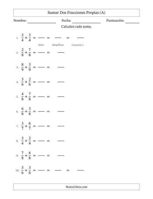 La hoja de ejercicios de Sumar Fracciones con Denominadores Similares -- Sumar Fracciones Propias con Resultado de Fracciones Mixtas (A)