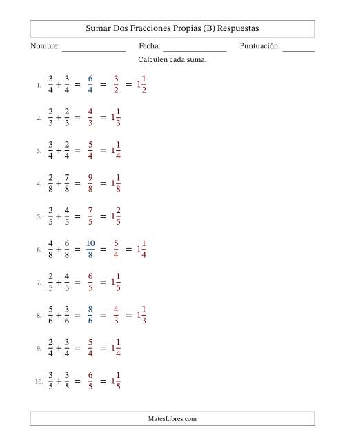 La hoja de ejercicios de Sumar dos fracciones propias con denominadores idénticos, resultados en fracciones mixtas y con alguna simplificación (Rellenable) (B) Página 2