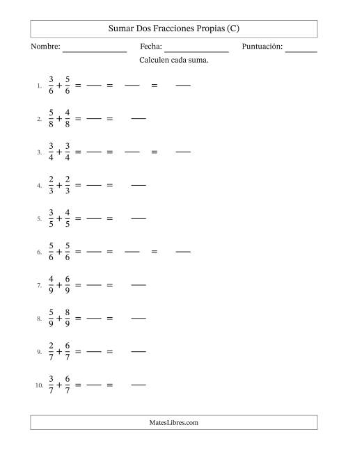 La hoja de ejercicios de Sumar dos fracciones propias con denominadores idénticos, resultados en fracciones mixtas y con alguna simplificación (Rellenable) (C)