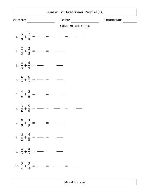 La hoja de ejercicios de Sumar dos fracciones propias con denominadores idénticos, resultados en fracciones mixtas y con alguna simplificación (Rellenable) (D)