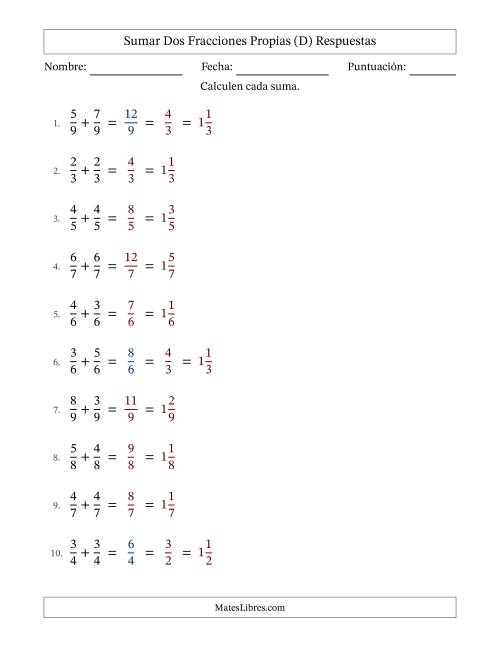 La hoja de ejercicios de Sumar dos fracciones propias con denominadores idénticos, resultados en fracciones mixtas y con alguna simplificación (Rellenable) (D) Página 2