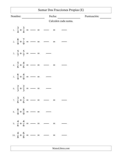 La hoja de ejercicios de Sumar dos fracciones propias con denominadores idénticos, resultados en fracciones mixtas y con alguna simplificación (Rellenable) (E)