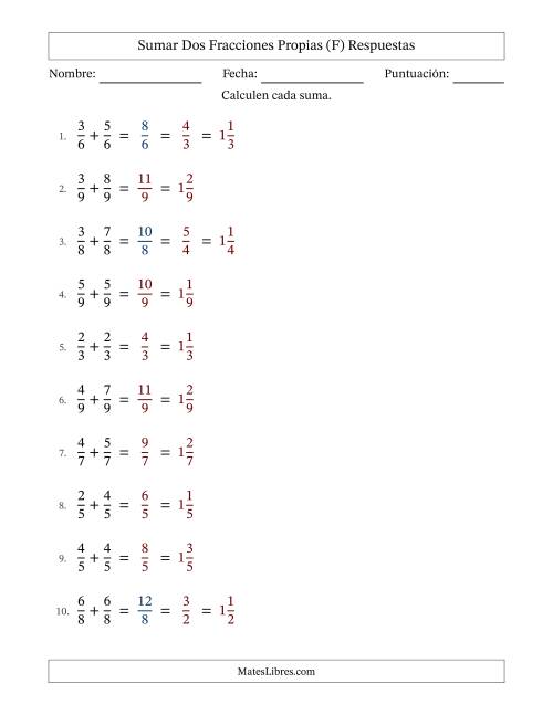La hoja de ejercicios de Sumar dos fracciones propias con denominadores idénticos, resultados en fracciones mixtas y con alguna simplificación (Rellenable) (F) Página 2
