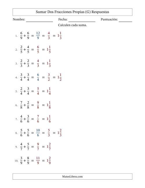La hoja de ejercicios de Sumar dos fracciones propias con denominadores idénticos, resultados en fracciones mixtas y con alguna simplificación (Rellenable) (G) Página 2