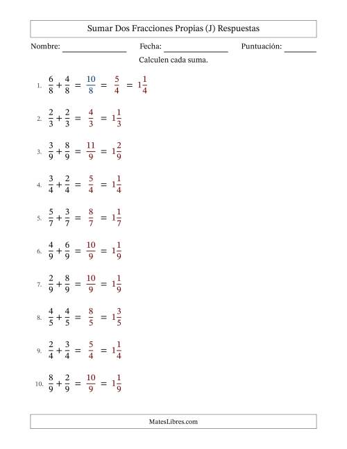La hoja de ejercicios de Sumar dos fracciones propias con denominadores idénticos, resultados en fracciones mixtas y con alguna simplificación (Rellenable) (J) Página 2