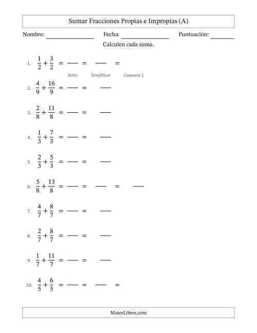 La hoja de ejercicios de Sumar Fracciones con Denominadores Similares -- Sumar Fracciones Impropias con Resultado de Fracciones Mixtas (A)