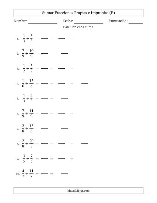 La hoja de ejercicios de Sumar fracciones propias e impropias con denominadores idénticos, resultados en fracciones mixtas y con alguna simplificación (Rellenable) (B)