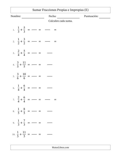 La hoja de ejercicios de Sumar fracciones propias e impropias con denominadores idénticos, resultados en fracciones mixtas y con alguna simplificación (Rellenable) (E)