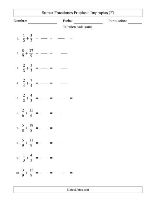 La hoja de ejercicios de Sumar fracciones propias e impropias con denominadores idénticos, resultados en fracciones mixtas y con alguna simplificación (Rellenable) (F)