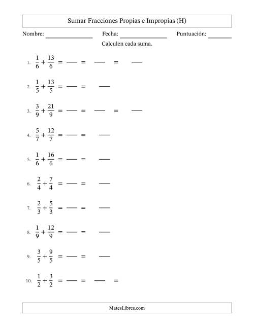 La hoja de ejercicios de Sumar fracciones propias e impropias con denominadores idénticos, resultados en fracciones mixtas y con alguna simplificación (Rellenable) (H)