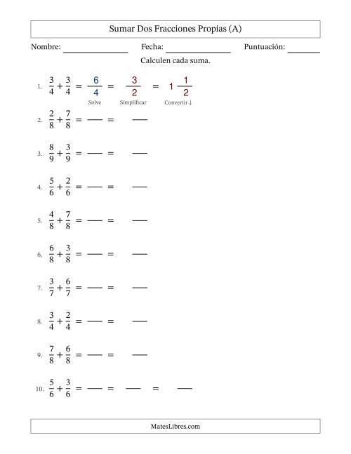 La hoja de ejercicios de Sumar dos fracciones propias con denominadores idénticos, resultados en fracciones mixtas y con alguna simplificación (Rellenable) (Todas)