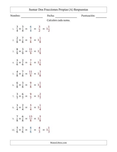 La hoja de ejercicios de Sumar dos fracciones propias con denominadores idénticos, resultados en fracciones mixtas y con alguna simplificación (Rellenable) (Todas) Página 2