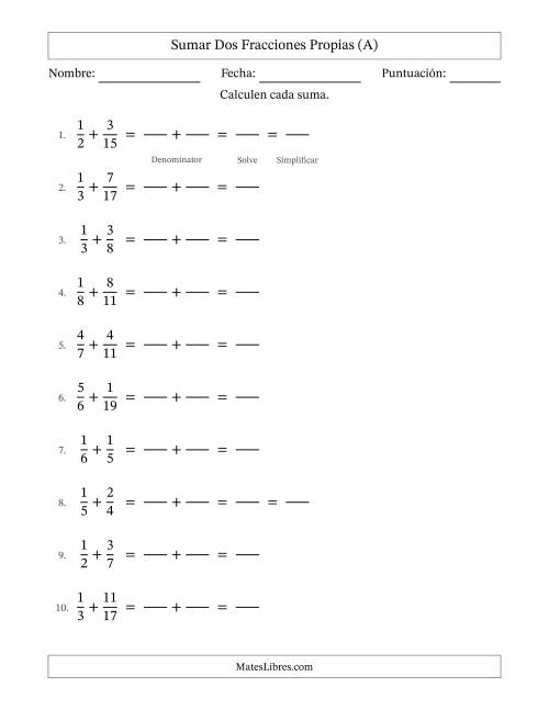 La hoja de ejercicios de Sumar Fracciones con Denominadores Diferentes -- Sumar Fracciones Propias (A)
