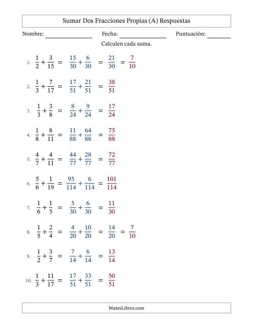 La hoja de ejercicios de Sumar dos fracciones propias con denominadores diferentes, resultados en fracciones propias y con alguna simplificación (Rellenable) (A) Página 2