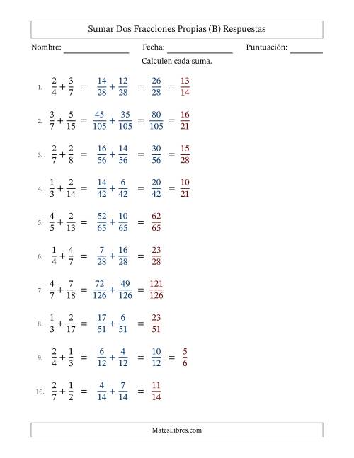 La hoja de ejercicios de Sumar dos fracciones propias con denominadores diferentes, resultados en fracciones propias y con alguna simplificación (Rellenable) (B) Página 2