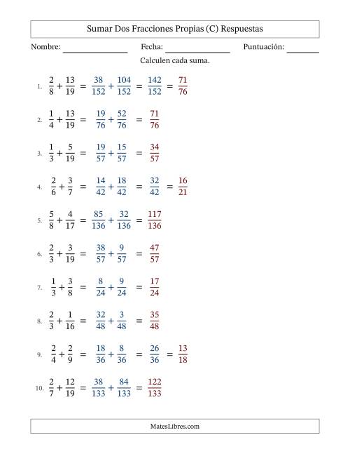 La hoja de ejercicios de Sumar dos fracciones propias con denominadores diferentes, resultados en fracciones propias y con alguna simplificación (Rellenable) (C) Página 2