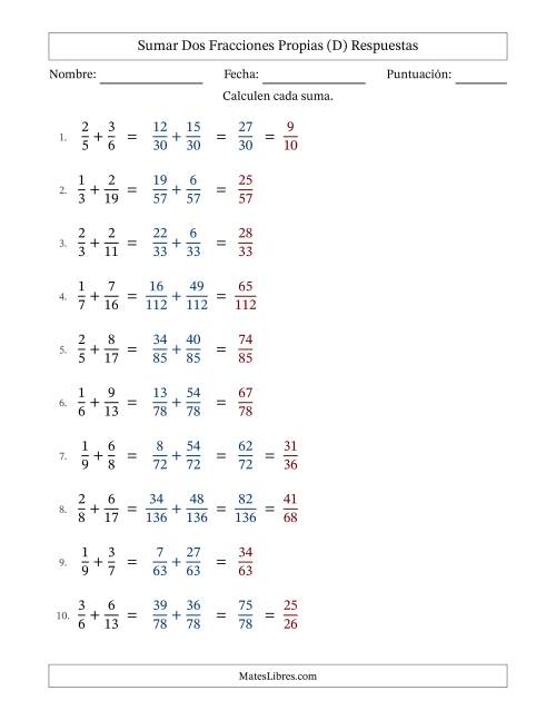 La hoja de ejercicios de Sumar dos fracciones propias con denominadores diferentes, resultados en fracciones propias y con alguna simplificación (Rellenable) (D) Página 2