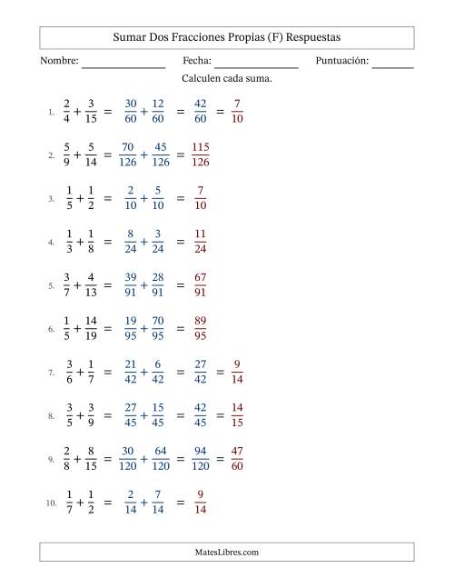 La hoja de ejercicios de Sumar dos fracciones propias con denominadores diferentes, resultados en fracciones propias y con alguna simplificación (Rellenable) (F) Página 2