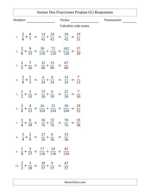 La hoja de ejercicios de Sumar dos fracciones propias con denominadores diferentes, resultados en fracciones propias y con alguna simplificación (Rellenable) (G) Página 2