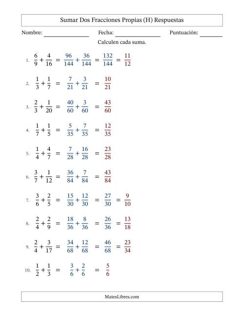 La hoja de ejercicios de Sumar dos fracciones propias con denominadores diferentes, resultados en fracciones propias y con alguna simplificación (Rellenable) (H) Página 2