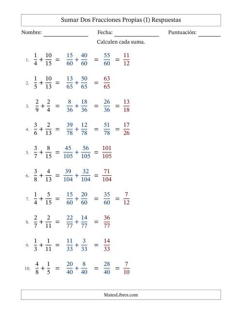 La hoja de ejercicios de Sumar dos fracciones propias con denominadores diferentes, resultados en fracciones propias y con alguna simplificación (Rellenable) (I) Página 2