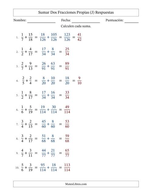 La hoja de ejercicios de Sumar dos fracciones propias con denominadores diferentes, resultados en fracciones propias y con alguna simplificación (Rellenable) (J) Página 2