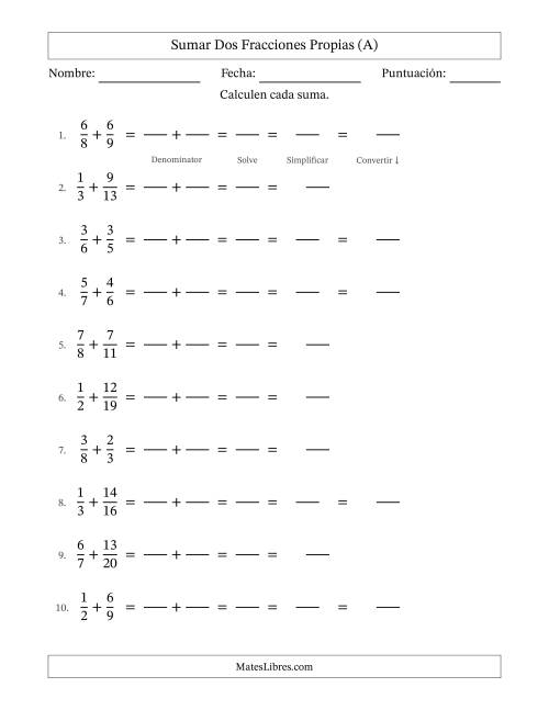 La hoja de ejercicios de Sumar Fracciones con Denominadores Diferentes -- Sumar Fracciones Propias con Resultado de Fracciones Mixtas (A)
