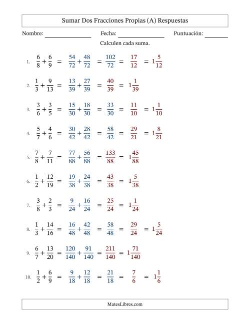 La hoja de ejercicios de Sumar dos fracciones propias con denominadores diferentes, resultados en fracciones mixtas y con alguna simplificación (Rellenable) (A) Página 2