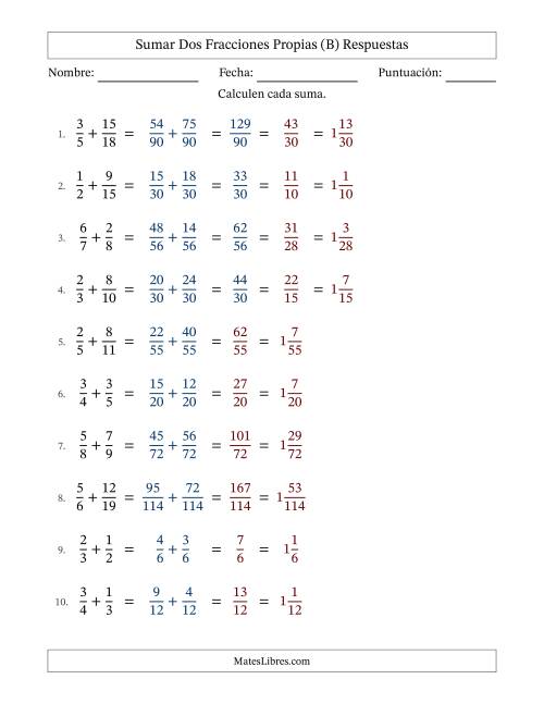 La hoja de ejercicios de Sumar dos fracciones propias con denominadores diferentes, resultados en fracciones mixtas y con alguna simplificación (Rellenable) (B) Página 2
