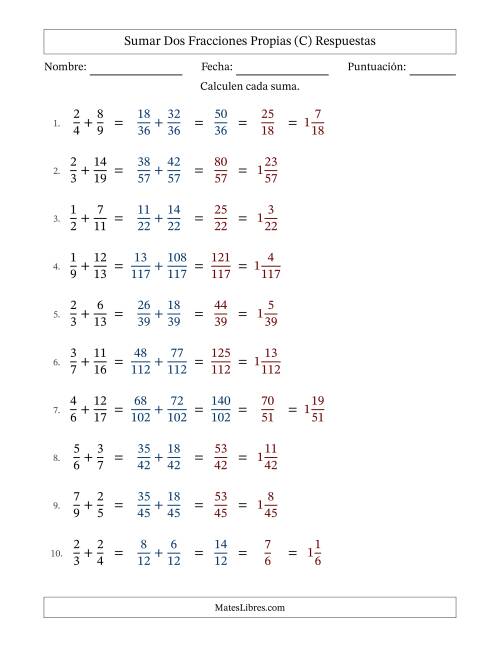 La hoja de ejercicios de Sumar dos fracciones propias con denominadores diferentes, resultados en fracciones mixtas y con alguna simplificación (Rellenable) (C) Página 2