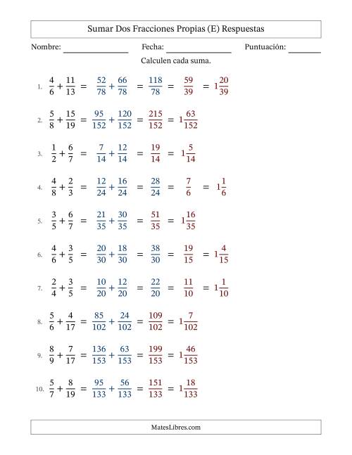 La hoja de ejercicios de Sumar dos fracciones propias con denominadores diferentes, resultados en fracciones mixtas y con alguna simplificación (Rellenable) (E) Página 2