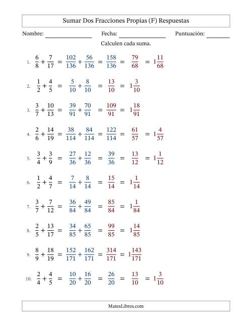 La hoja de ejercicios de Sumar dos fracciones propias con denominadores diferentes, resultados en fracciones mixtas y con alguna simplificación (Rellenable) (F) Página 2