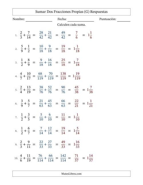 La hoja de ejercicios de Sumar dos fracciones propias con denominadores diferentes, resultados en fracciones mixtas y con alguna simplificación (Rellenable) (G) Página 2