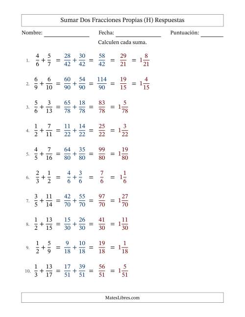 La hoja de ejercicios de Sumar dos fracciones propias con denominadores diferentes, resultados en fracciones mixtas y con alguna simplificación (Rellenable) (H) Página 2