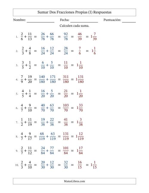 La hoja de ejercicios de Sumar dos fracciones propias con denominadores diferentes, resultados en fracciones mixtas y con alguna simplificación (Rellenable) (I) Página 2