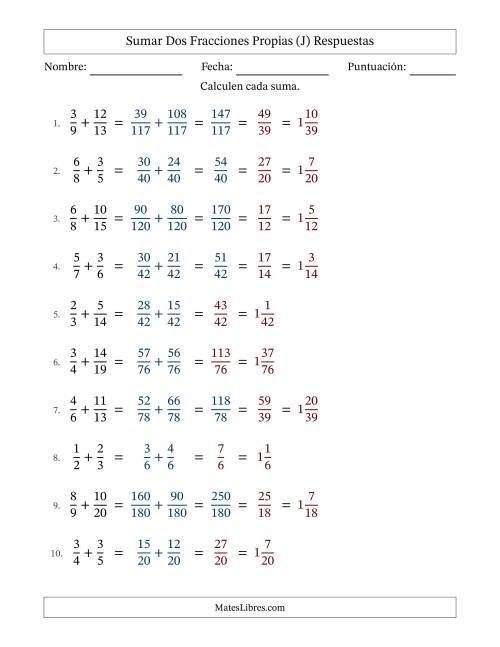 La hoja de ejercicios de Sumar dos fracciones propias con denominadores diferentes, resultados en fracciones mixtas y con alguna simplificación (Rellenable) (J) Página 2